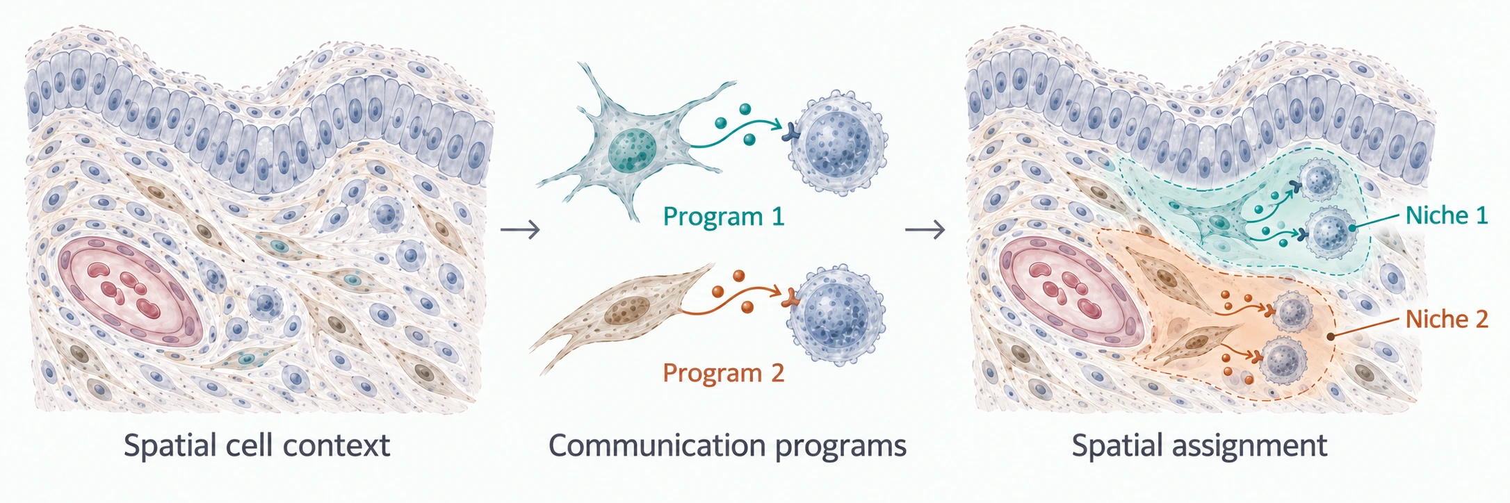 A simple layered tissue context, teal and orange communication programs, and their matching spatial assignments to Niche 1 and Niche 2
