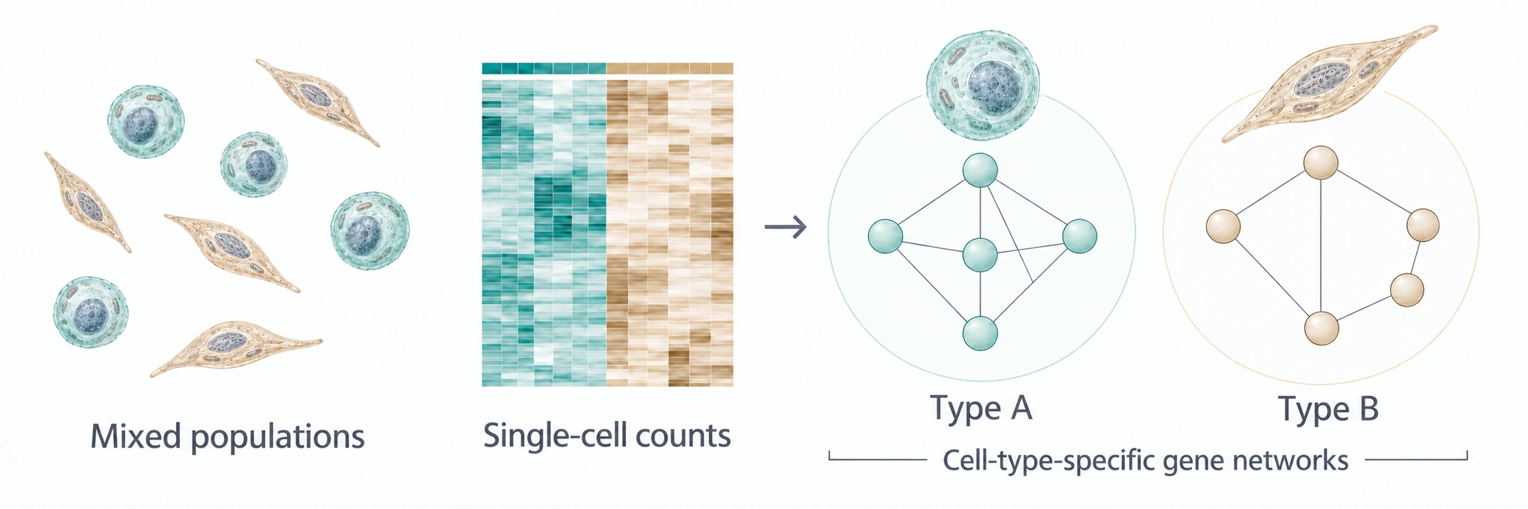 Mixed round and elongated cell populations and single-cell counts linked to two population-specific undirected gene networks